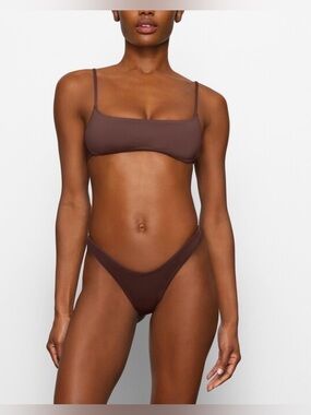 SKIMS 
Signature Swim Micro Scoop Bikini Top
And  Bottoms Dippy Tie cocoa. NWT